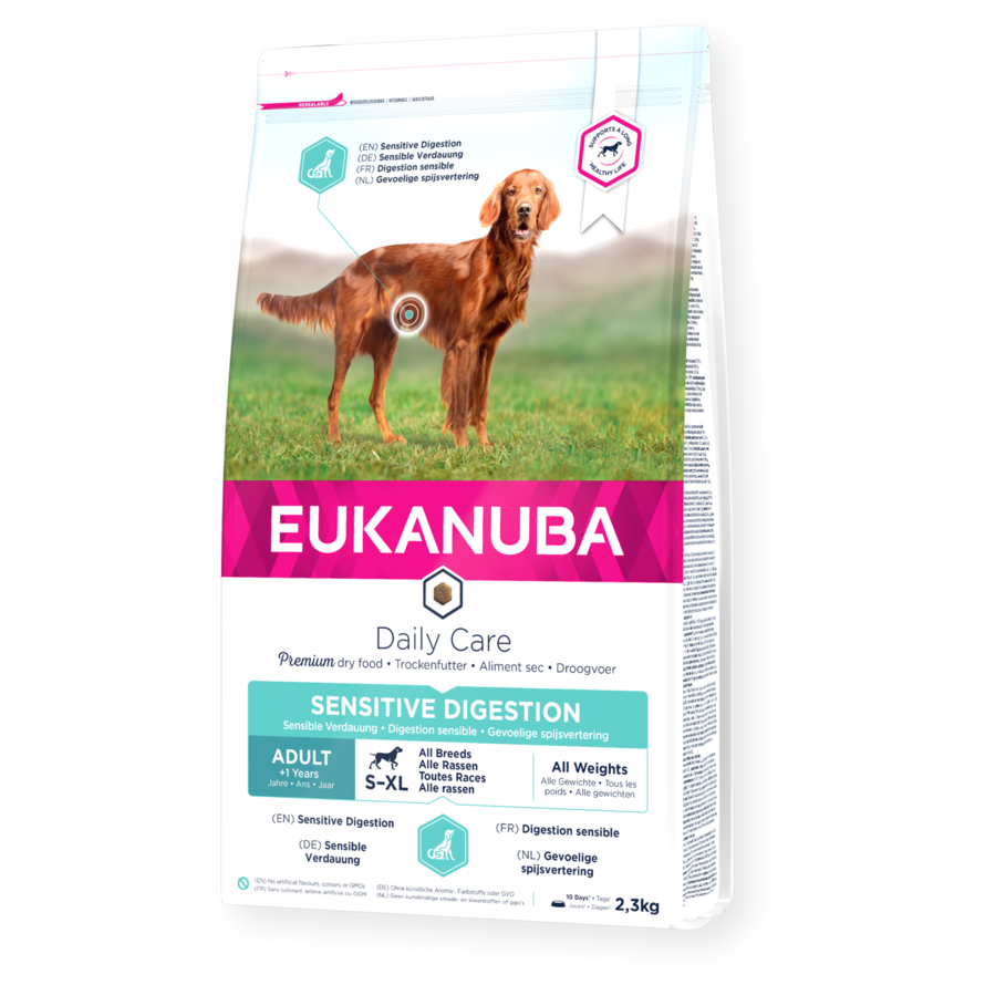Eukanuba Daily Care dry dog food (kibble) for adult dogs with sensitive digestion