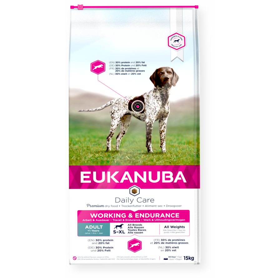 Eukanuba Daily Care dry dog food (kibble) for adult dogs working and endurance